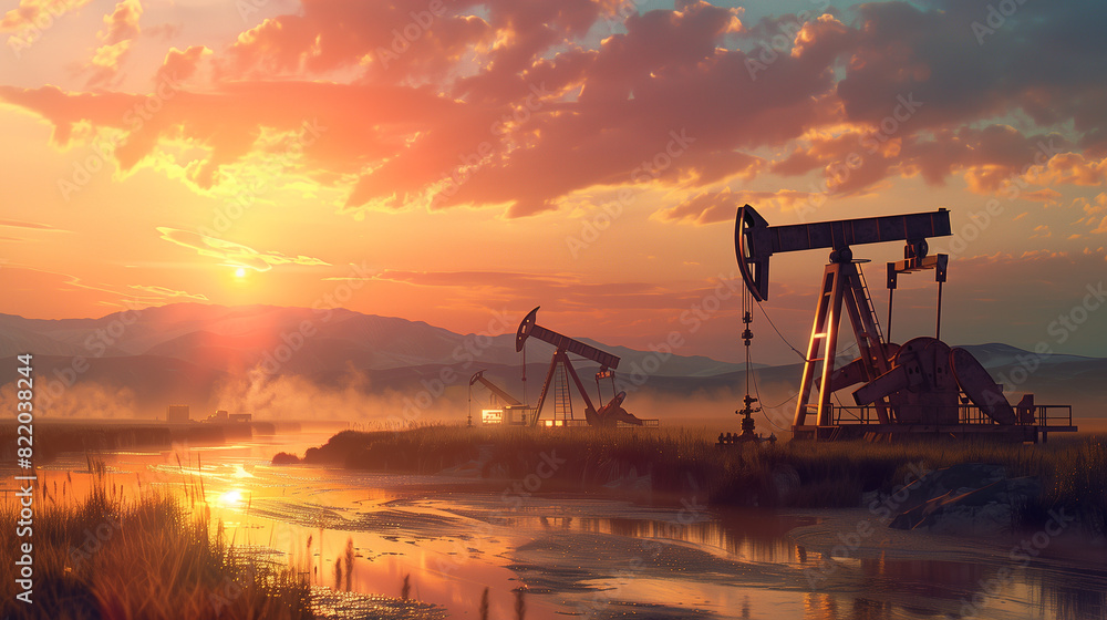 A sunset over a field of oil rigs. The sky is orange and the sun is setting. The oil rigs are silhouetted against the sky, creating a dramatic and powerful scene A sunset over a field of oil rigs. The sky is orange and the sun is setting. The oil rigs are silhouetted against the sky, creating a dramatic and powerful scene