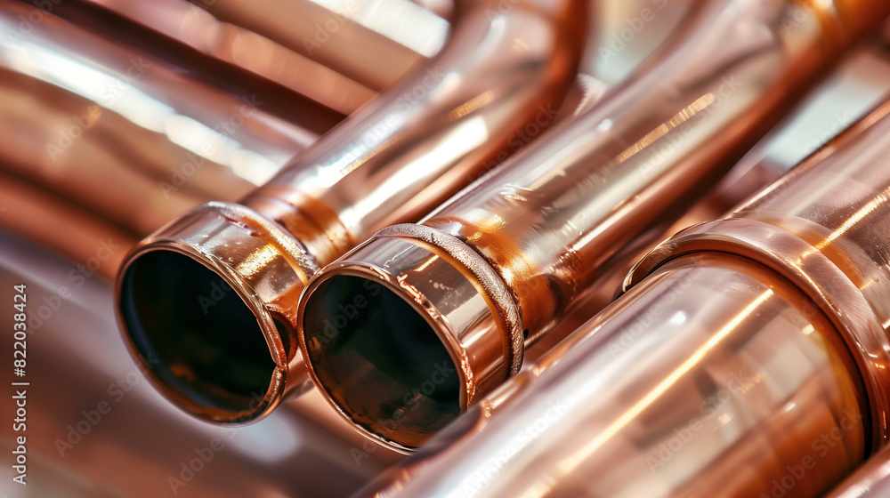 Naklejka premium A row of copper pipes are shown in a close up. The pipes are shiny and metallic, and they appear to be connected to one another. Concept of craftsmanship and attention to detail