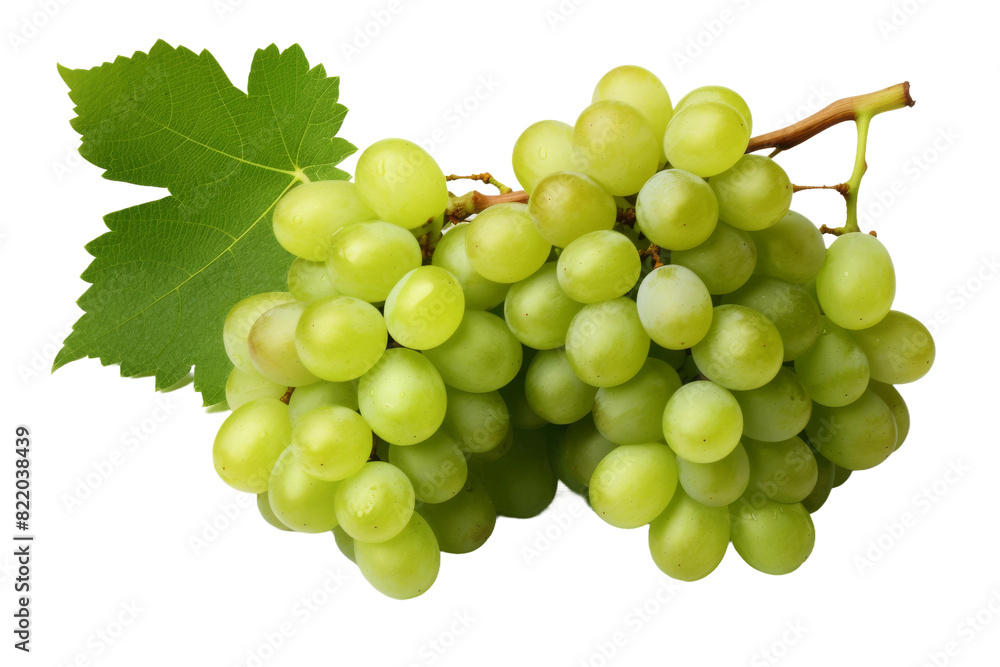 Luscious Cluster of Green Grapes With a Vibrant Leaf on a Clear PNG or White Background. Luscious Cluster of Green Grapes With a Vibrant Leaf on a Clear PNG or White Background.