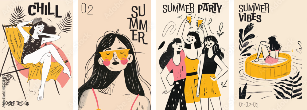 Fototapeta premium Collection of minimal summer poster cover designs. Summer vacation background