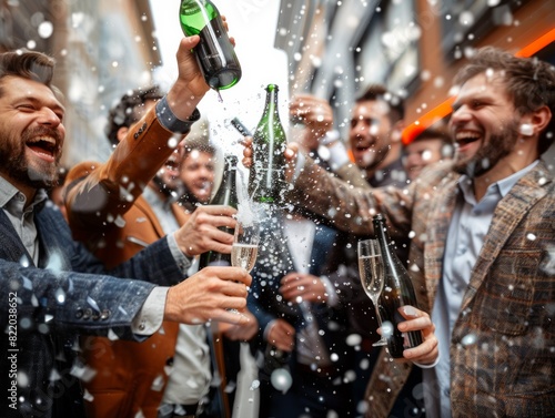A group of jubilant men celebrate together, popping champagne with exuberant joy amidst a flurry of sparkling confetti, symbolizing friendship, celebration, and festive energy