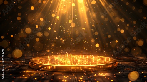 Enveloped in darkness, a striking podium captures attention as it is illuminated by radiant golden rays, surrounded by enchanting bokeh designs and subtle hints of flickering fire.