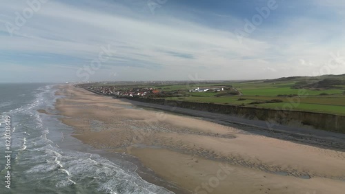 Aerial view of Sangatte Beach with cliffs, village, and fields, Pas de Calais, France. photo