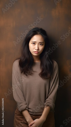 Brown background sad Asian Woman Portrait of young beautiful bad mood expression Woman Isolated on Background depression anxiety fear burn out 