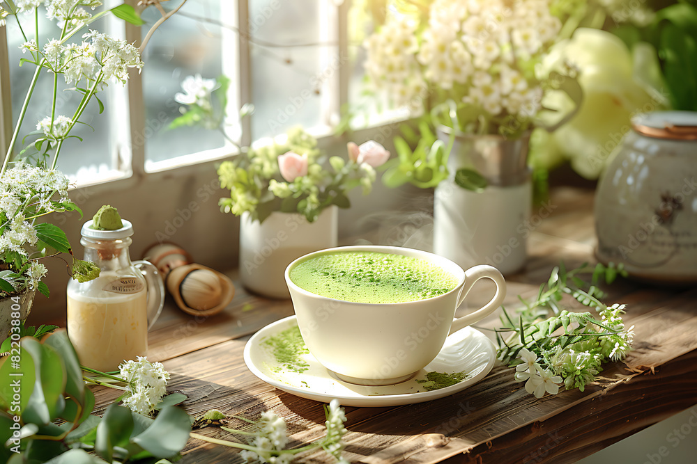 In a bright kitchen, matcha tea with milk is being prepared in a white cup on the table, with the vibrant green tea contrasting beautifully against the cup In a bright kitchen, matcha tea with milk is being prepared in a white cup on the table, with the vibrant green tea contrasting beautifully against the cup