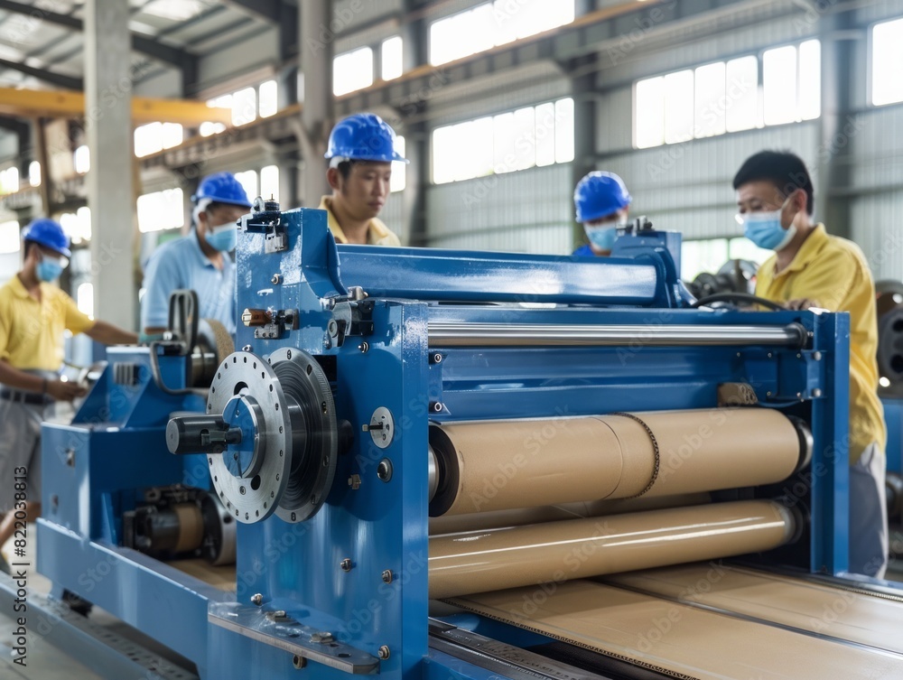 Workers operate machinery in a factory setting, conveying teamwork, precision, and industry Workers operate machinery in a factory setting, conveying teamwork, precision, and industry