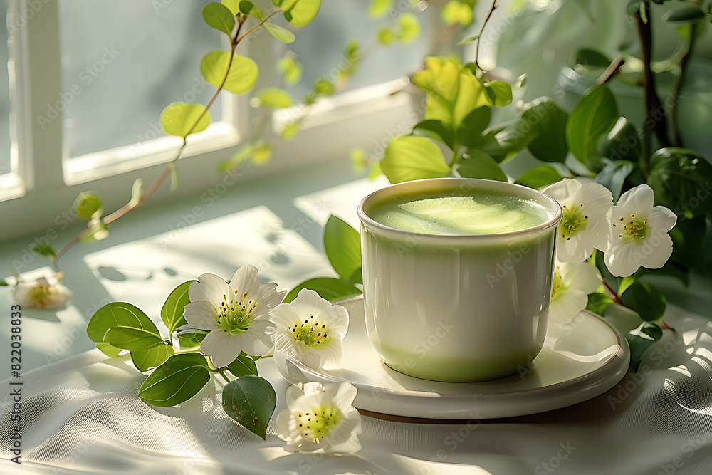 In a bright kitchen, matcha tea with milk is being prepared in a white cup on the table, with the vibrant green tea contrasting beautifully against the cup In a bright kitchen, matcha tea with milk is being prepared in a white cup on the table, with the vibrant green tea contrasting beautifully against the cup