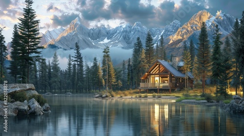 Cabin lake house with mountains, background