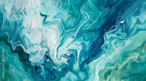 Acrylic abstract blue green background.Fluid art tidewater green toned. photo