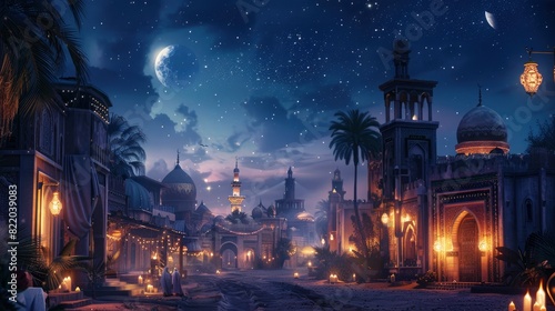 Arabian night, city in the desert, oasis, beautiful world environment