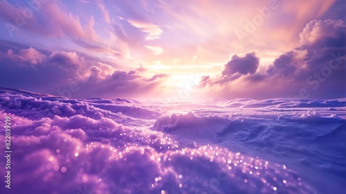 A beautiful sunset over a vast expanse of ocean, with fluffy clouds and a pink sky