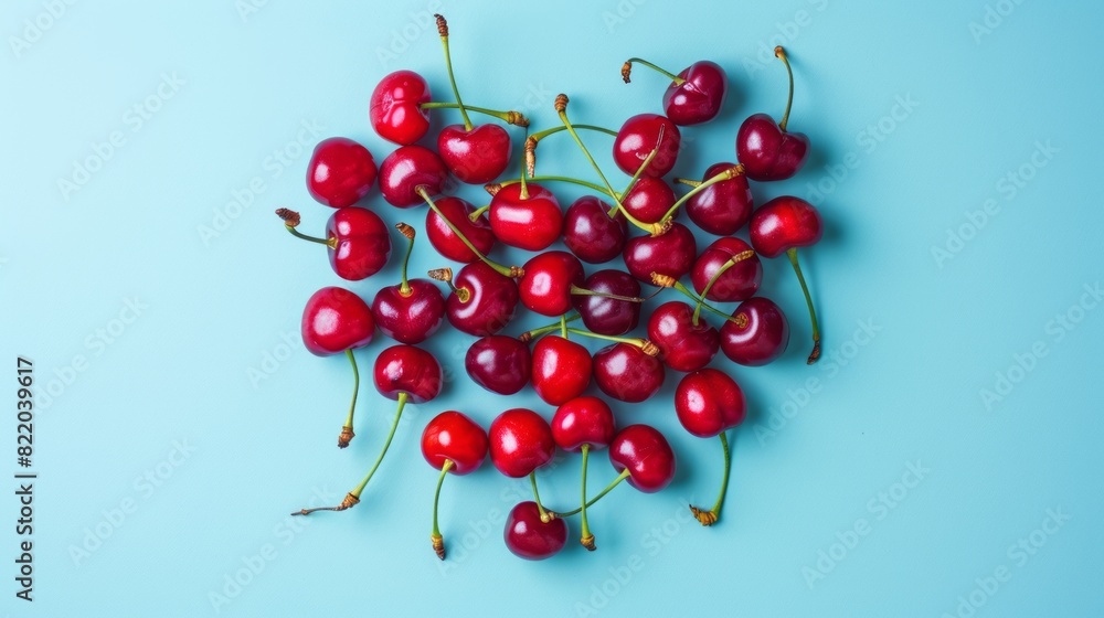 Heart shape made from ripe cherry fruits on a blue background. Heart shape made from ripe cherry fruits on a blue background.