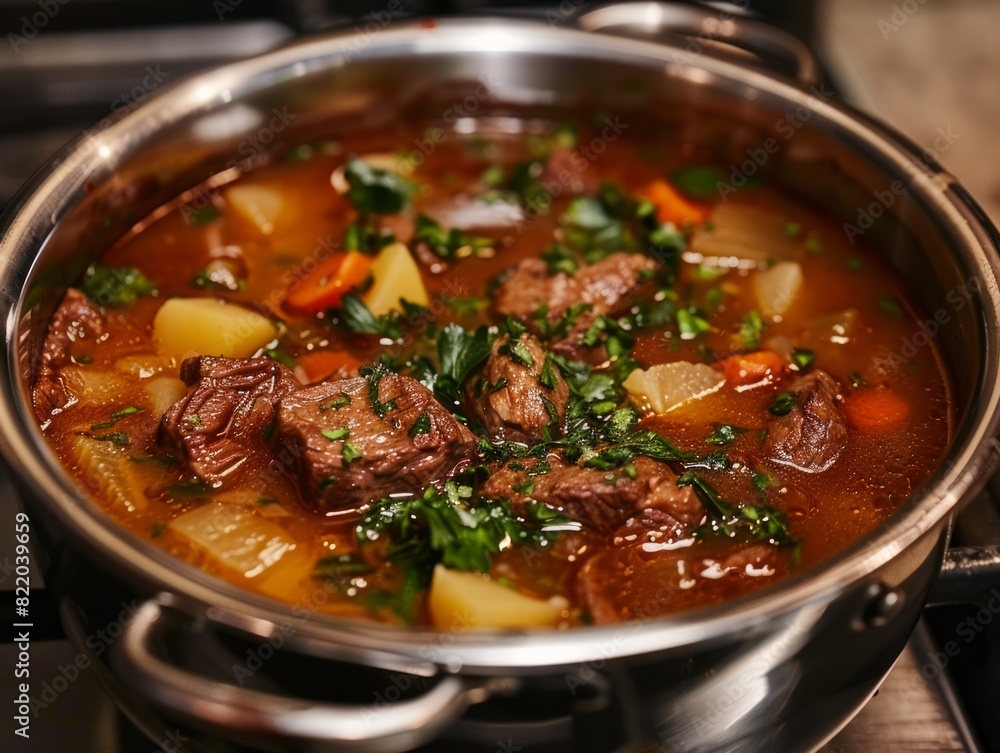 A hearty pot of stew filled with chunks of beef, potatoes, and carrots exuding warmth and comfort
