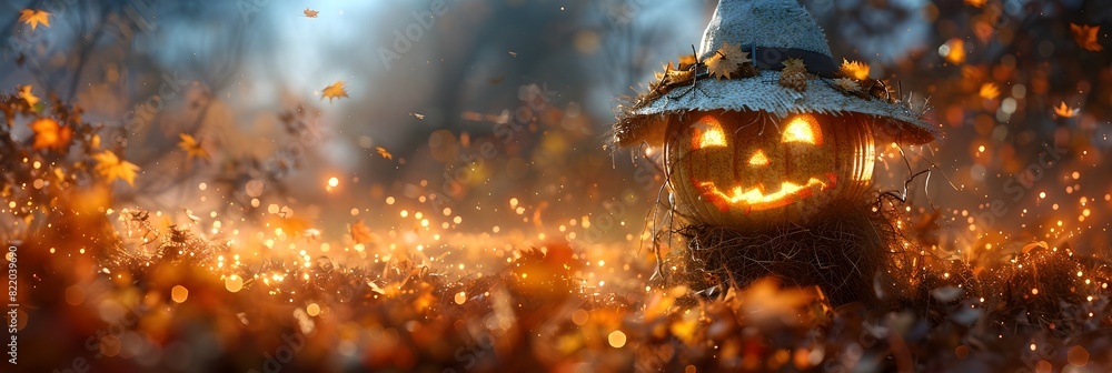 Obraz premium Autumn Harvest Protection A Cheerful Scarecrow Guarding the Pumpkin Patch against Mischievous Tricks during Halloween