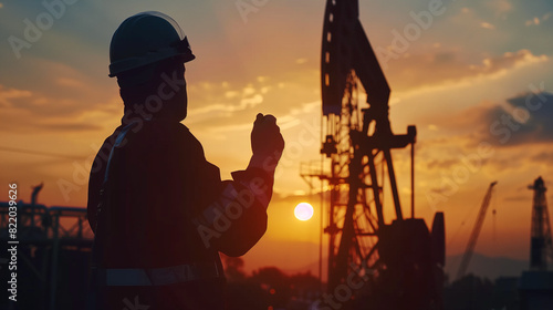 A man stands in front of a large oil rig with a sunset in the background. The sky is filled with clouds, and the sun is setting, casting a warm glow over the scene