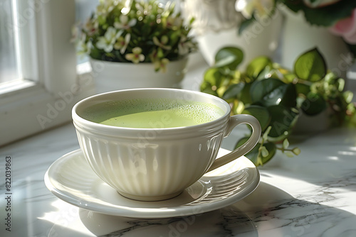 In a bright kitchen, matcha tea with milk is being prepared in a white cup on the table, with the vibrant green tea contrasting beautifully against the cup