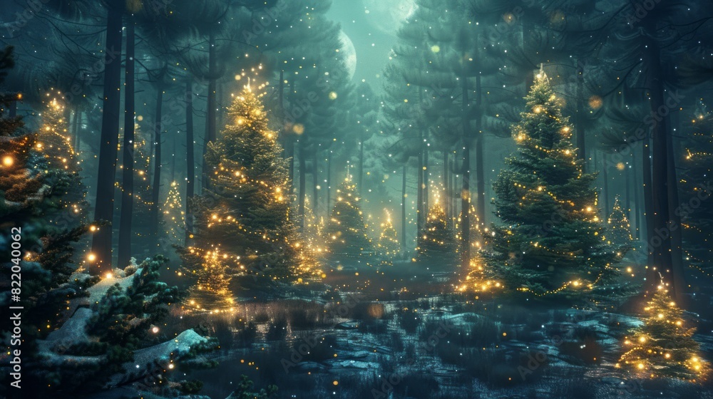 Magical forest with christmas trees and glowing lights. Magical forest with christmas trees and glowing lights.