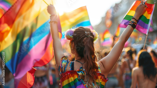 A vibrant parade with participants waving rainbow flags and wearing colorful outfits, celebrating LGBTQ Pride Month on a sunny city street