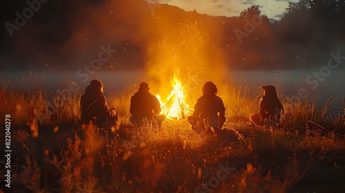 Autumnal Halloween Gathering Friends Sharing Ghost Stories Around a Crackling Campfire photo