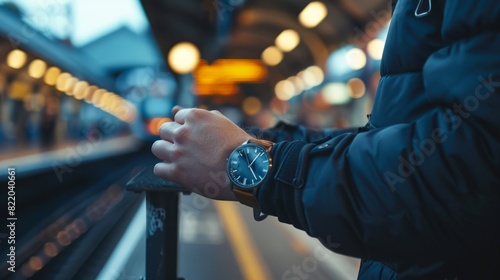 Commuter checking time on watch while standing on train platform