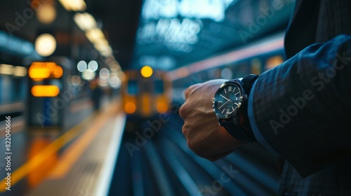 A close up of a commuter checking the time on their watch while standing on a platform © Ilia Nesolenyi