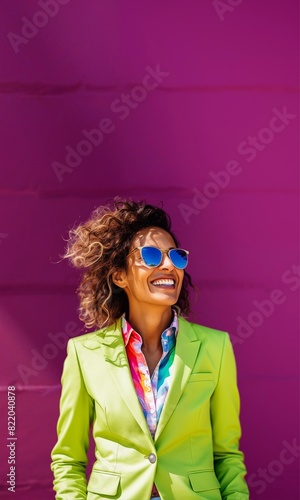 happy woman in her 20s or 30s with sunglasses wearing bold  modern jacket and colorful shirt on purple background  smiled person is looking up to the right