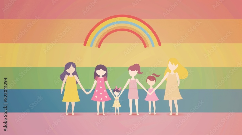 Fototapeta premium Minimal cartoon vector of an LGBTQ family holding hands, with a simple rainbow background Generative AI