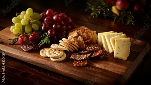 A wooden cutting board covered with a variety of cheeses, crackers, and fruits arranged elegantly