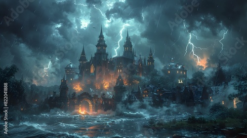 Frankensteins Monster Stalks Through a Stormy Village on Halloween Night