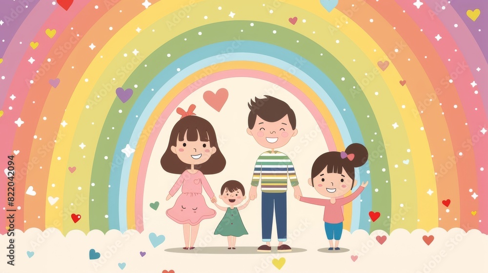 Minimal cartoon vector of an LGBTQ family holding hands, with a simple rainbow background Generative AI Minimal cartoon vector of an LGBTQ family holding hands, with a simple rainbow background Generative AI