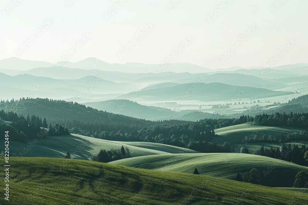 Obraz premium Mountain Landscape with Sky: A serene scene of misty mountains, green hills, and a vibrant sky at sunrise, showcasing the beauty of nature