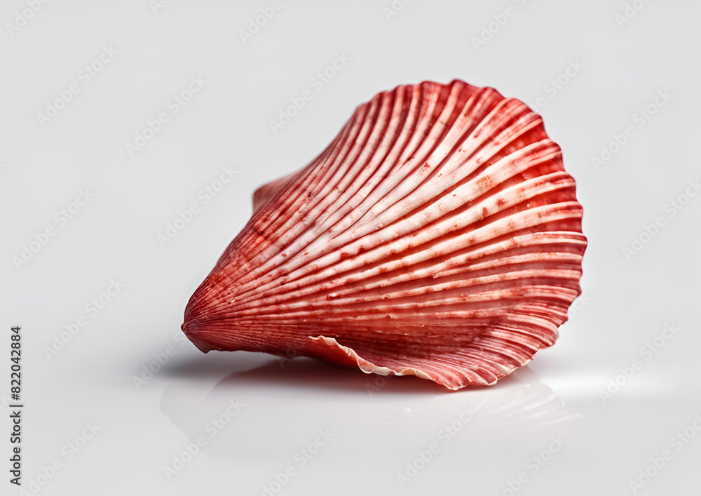 Fototapeta premium Red Scallop Seashell on White Background_ Perfect for Ocean, Sea, and Summer Vacation Themes.