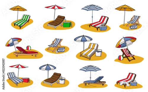 Set of sun umbrella, beach chair. Vacation, relax, holiday concept. Beach chairs, wooden deck chair, sun umbrella, picnic basket, sunbed. Summer vacation by the sea.