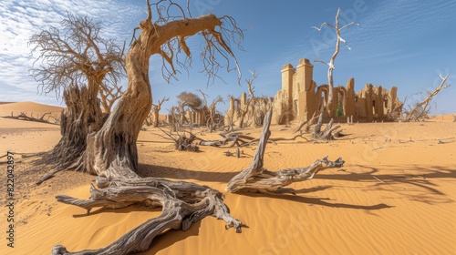 Panoramic view of ancient ruins amidst a vast desert  featuring twisted dead trees under a clear blue sky  evoking a sense of historical decay and natural desolation.