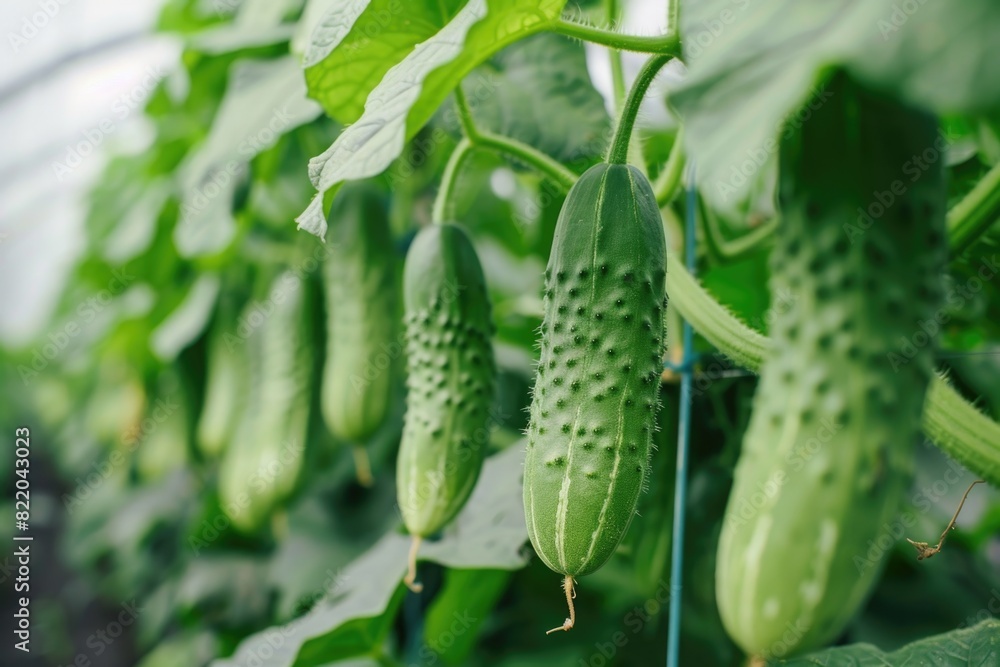 Fresh cucumbers growing in a greenhouse, perfect for agricultural concepts Fresh cucumbers growing in a greenhouse, perfect for agricultural concepts