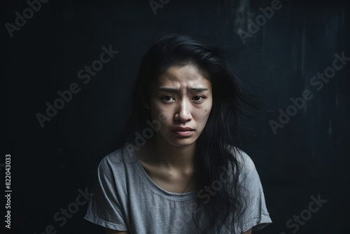Charcoal background sad Asian Woman Portrait of young beautiful bad mood expression Woman Isolated on Background depression anxiety fear burn out health 