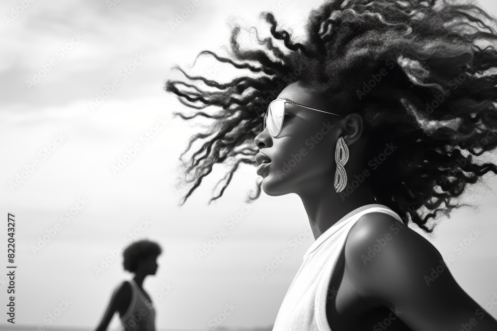 Two young African women with curly hair, smiling and laughing together, one wearing a hat, joyful expression, black and white photo Two young African women with curly hair, smiling and laughing together, one wearing a hat, joyful expression, black and white photo