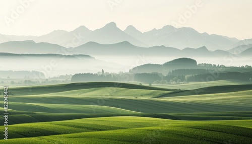 Mountain Landscape with Sky: A serene scene of misty mountains, green hills, and a vibrant sky at sunrise, showcasing the beauty of nature