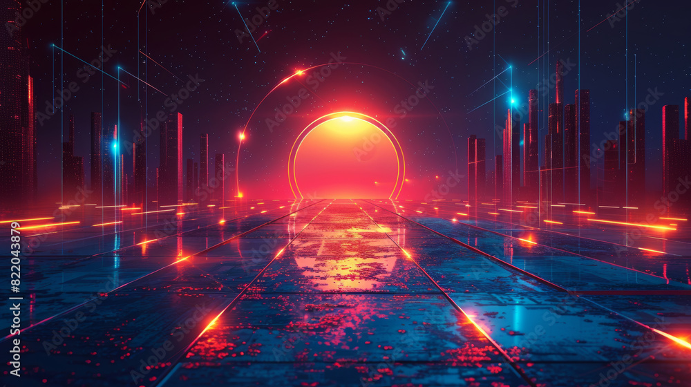 Fototapeta premium A futuristic tunnel with glowing neon lights, reflecting off a glossy floor, creating a vibrant and immersive environment.