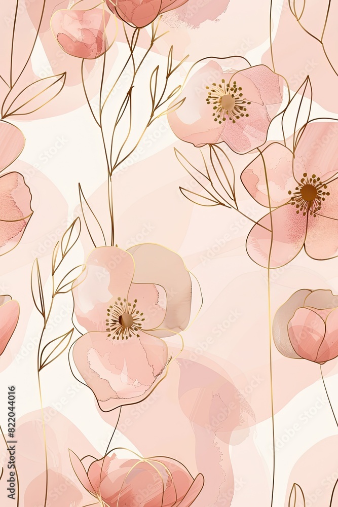 Fototapeta premium Elegant Floral Vector: Abstract Art Background with Golden Line Flowers, Organic Shapes, Watercolor Elements for Copy Space