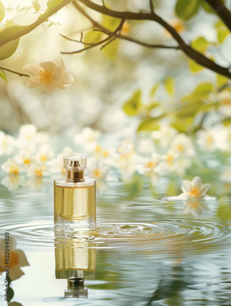 perfume bottle is beautifully positioned in a serene water setting, surrounded by delicate white flowers. The soft sunlight filters, tranquil and refreshing ambiance, essence of nature and purity perfume bottle is beautifully positioned in a serene water setting, surrounded by delicate white flowers. The soft sunlight filters, tranquil and refreshing ambiance, essence of nature and purity