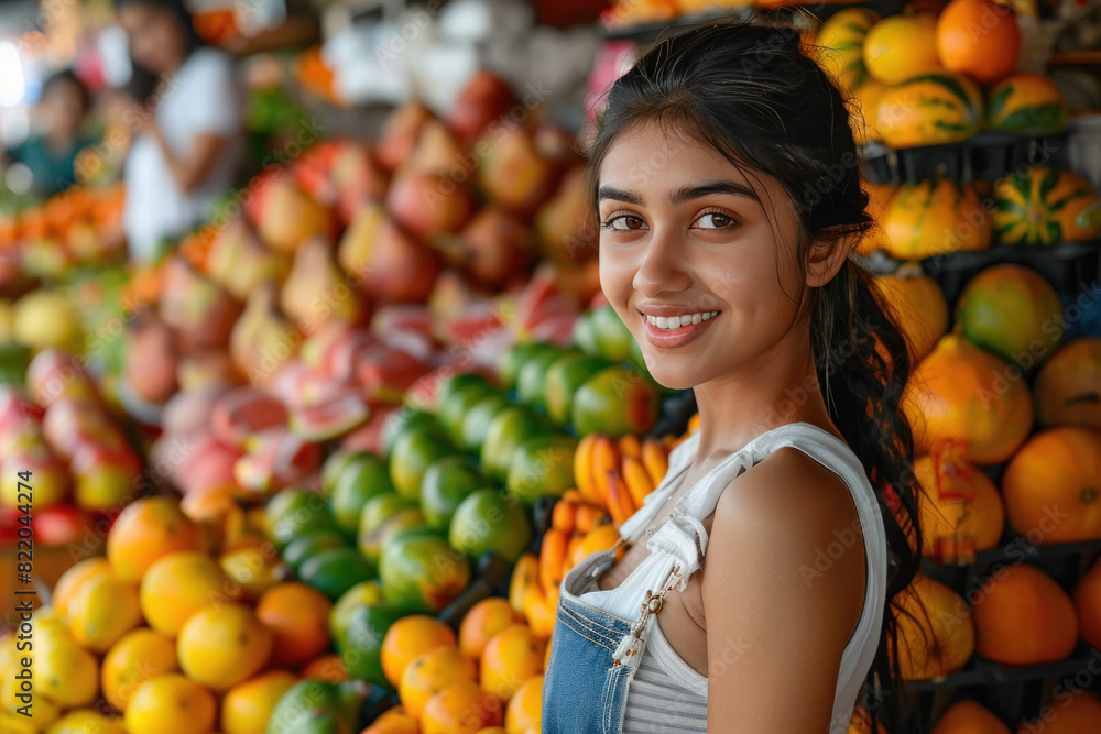 young indian woman standing at fruit shop young indian woman standing at fruit shop