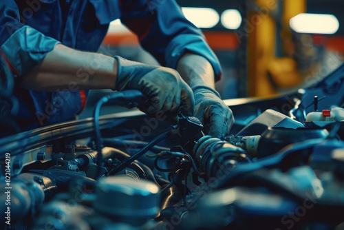 Mechanic at work in auto repair shop, fixing car engine