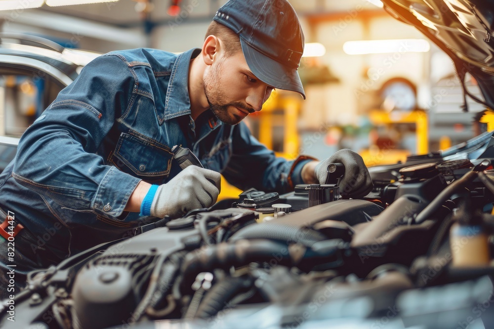 Mechanic at work in auto repair shop, fixing car engine Mechanic at work in auto repair shop, fixing car engine