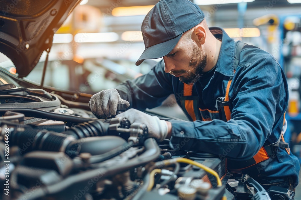 Mechanic at work in auto repair shop, fixing car engine