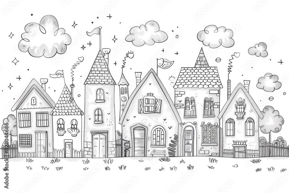 Black and white drawing of a town, suitable for various projects Black and white drawing of a town, suitable for various projects