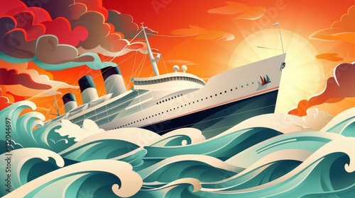 A large ship is sailing through rough waters