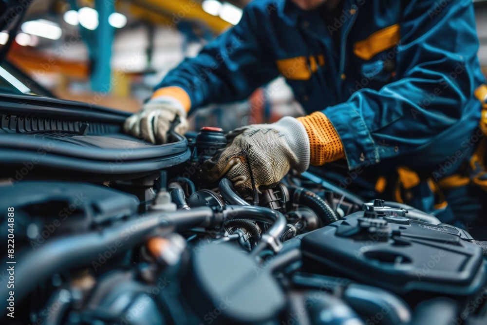 Mechanic at work in auto repair shop, fixing car engine Mechanic at work in auto repair shop, fixing car engine