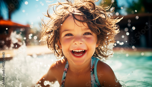 Retrato de niño divirtiéndose en la piscina en un día de verano. Juegos nfantiles de agua photo