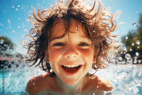 Niño sonriente salpicando y divirtiéndose en el agua dentro de la piscina. La infancia en verano, juego y diversión. photo